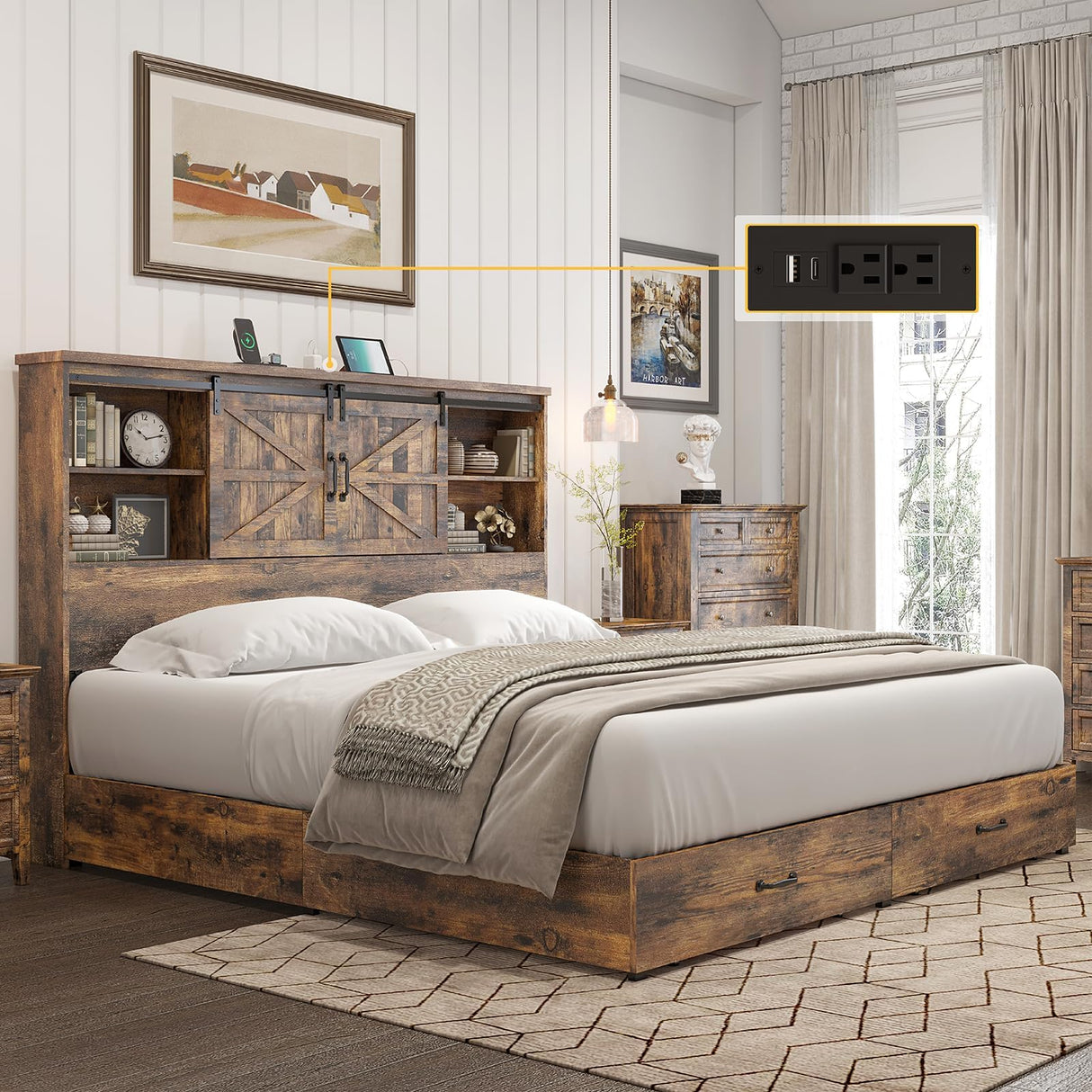 HOWE King Size Bed Frame, Wood Platform Bed Frame with 51.2" Bookcase Headboard, Storage Bed with Sliding Barn Door Charging Station 2 Drawers, No Box Spring Needed/Rustic Brown HOWE