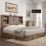 HOWE King Size Bed Frame, Wood Platform Bed Frame with 51.2" Bookcase Headboard, Storage Bed with Sliding Barn Door Charging Station 2 Drawers, No Box Spring Needed/Rustic Brown HOWE