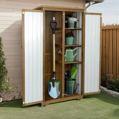 Outdoor Storage Cabinet,Wood & Metal Storage Shed with Lockable Doors & Adjustable Shelves,Vertical Outdoor Cabinets for Patio Backyard, Gardening Tools and Accessories,Brown Magazoopet