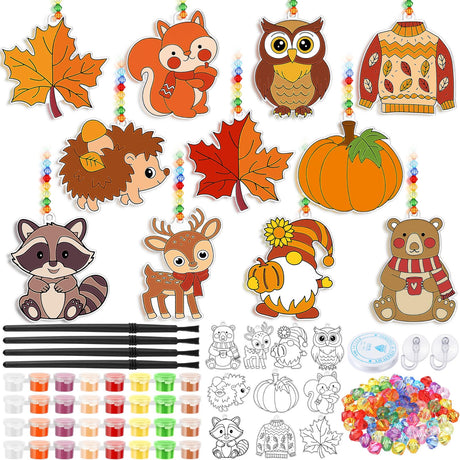 Beeveer 30 Sets Fall Animals Suncatchers Art Kits DIY Thanksgiving Squirrels Owl Suncatcher Crafts Paint Your Own Window Ornaments for Boys Girls Autumn Classroom School Activity Party Favor Beeveer