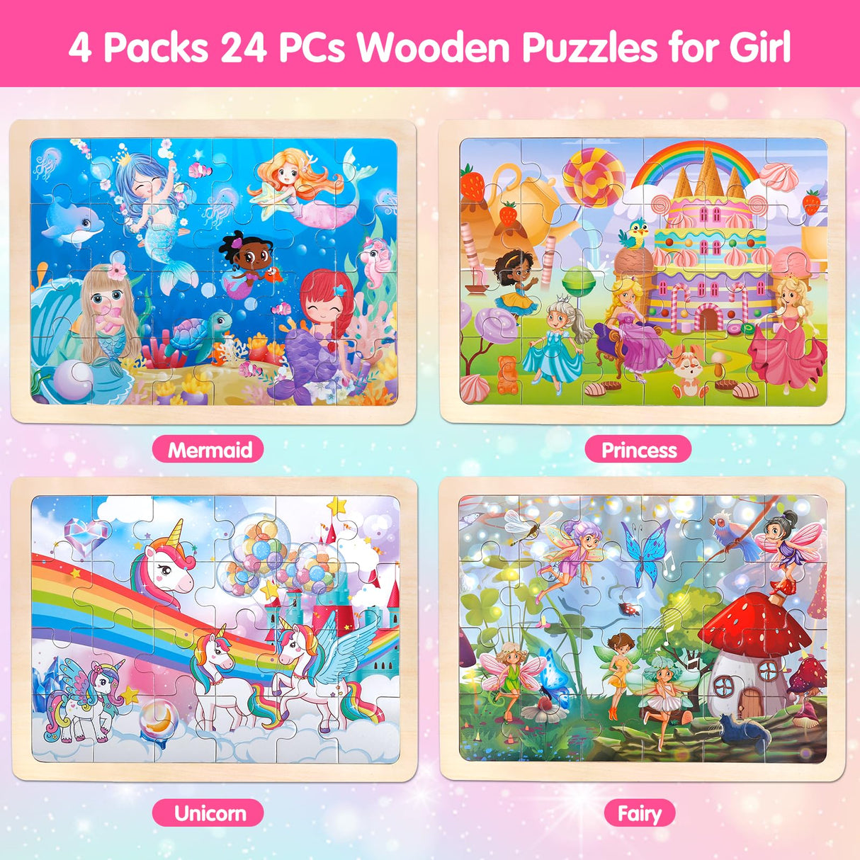 Jigsaw Puzzles Wooden Puzzles for Girls Ages 3-5 Unicorn Mermaid Princess Fairy Puzzle Preschool Educational Brain Teaser Boards Toys Gifts for 3 4 5 6 Year Old Kids 4 Packs 24 Pcs Wuzhineisn