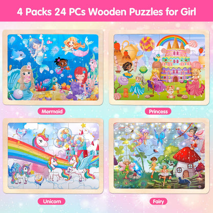 Jigsaw Puzzles Wooden Puzzles for Girls Ages 3-5 Unicorn Mermaid Princess Fairy Puzzle Preschool Educational Brain Teaser Boards Toys Gifts for 3 4 5 6 Year Old Kids 4 Packs 24 Pcs