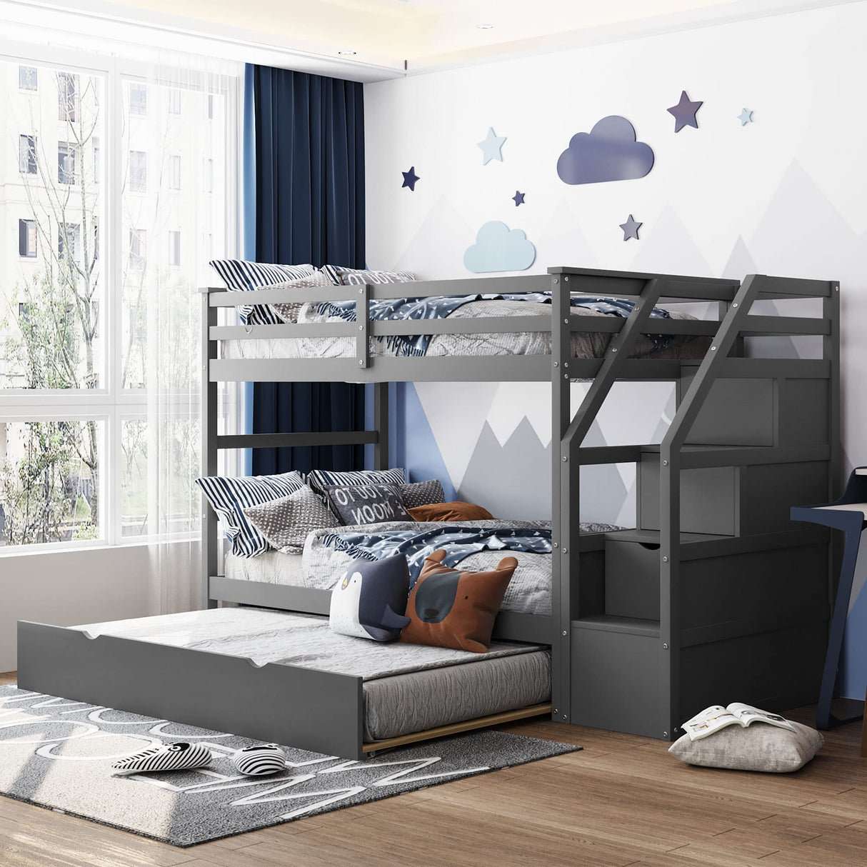 Twin-Over-Twin Bunk Bed with Trundle Bed, Wood Bunk Bed Frame with 3 Storage Stairs and Guard Rail, Space-Saving Design (Grey) Bellemave