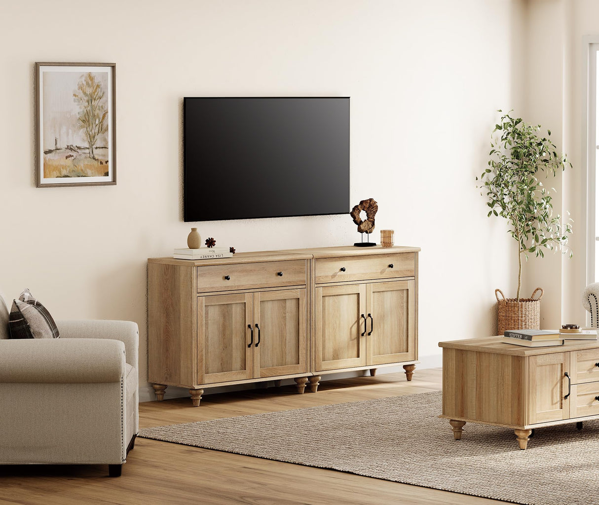 WAMAPT Buffet Cabinet with 4 Doors and 2 Drawers, Large Coffee Bar Table Wood Kitchen Storage Cabinets with Storage Cabinets, Modern Farmhouse Sideboard Credenza for Dining Room, Oak, 68 inch WAMPAT