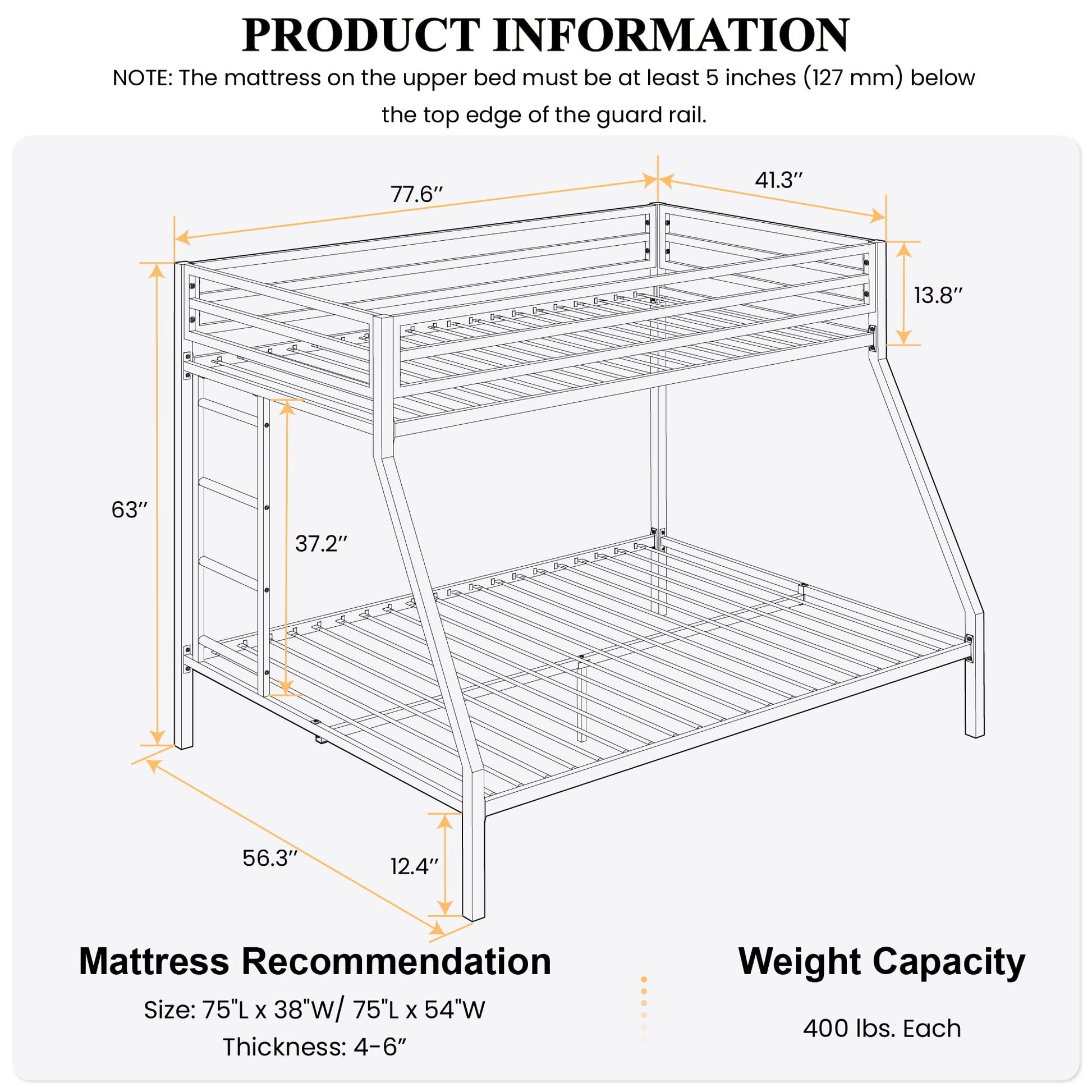 SHA CERLIN Twin Over Full Metal Bunk Bed with Removable Stairs and Under-Bed Storage in Matte White - WoodArtSupply