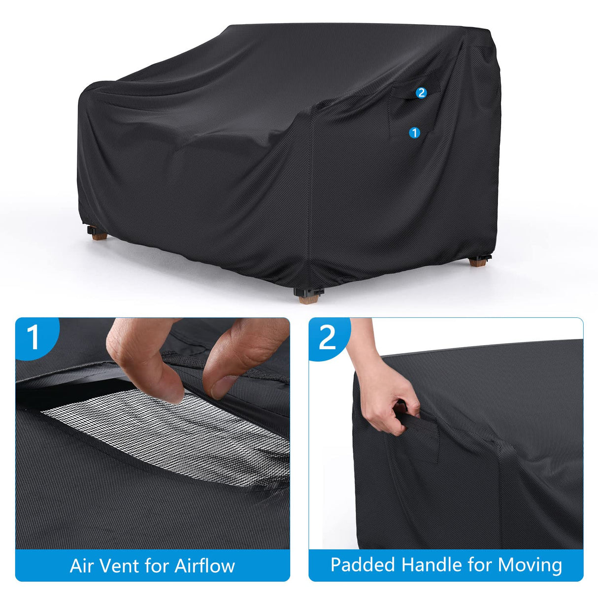 Heavy Duty Patio Sofa Cover Waterproof, Mrrihand 2-Seater Outdoor Sofa Loveseat Cover, Outdoor Patio Furniture Cover with Air Vent and Handles, 60" L×34" D×30" H, Black Mrrihand