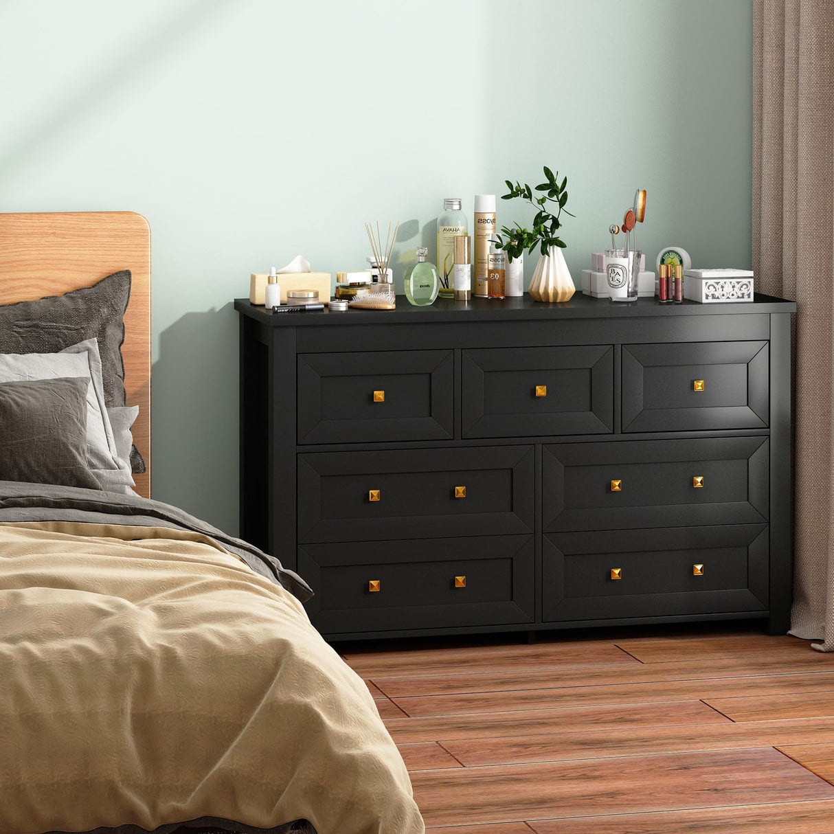 Wodeer Black 7 Drawers Dresser for Bedroom,Wood Farmhouse Storage Chest of Drawers, Dresser with Metal Handles,Dressers Organizer for Bedroom, Living Room,Hallway,Nursery,Black Wodeer