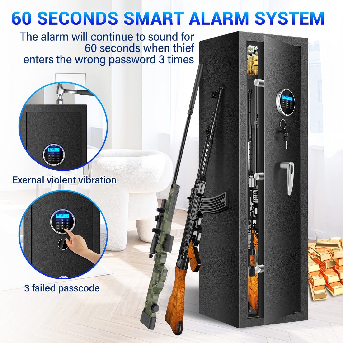 Fireproof Gun Safes for Home Rifle and Pistols, Heavy Duty Anti-Theft Long Gun Safes for Rifles and Shotguns with 3 Pistol Pockets, Gun Safe Rifle with LCD Digital Screen Removable Shelf(US Stock)