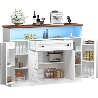 FJTJBSI 55" Buffet Cabinet with Power Outlets and Lights Large Kitchen Sideboard Buffet with Drawers Farmhouse Kitchen Storage Cabinet with Adjustable Shelves Coffee Bar Station for Coffee Bar Room