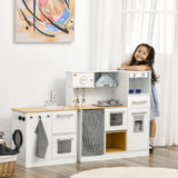 Qaba Kids Wooden Kitchen Playset with Sound Effects and Tons of Countertop Space, Wooden Corner Play Kitchen Set with Washing Machine, Imaginative Toy Pretend Restaurant, Ages 3-6, White Qaba