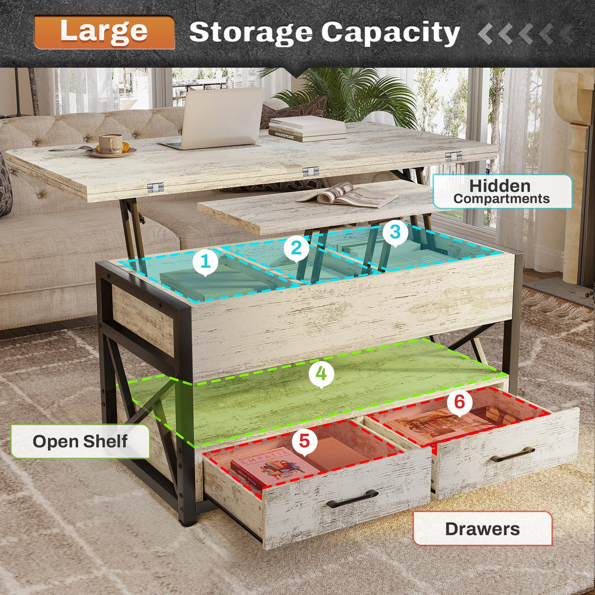Itaar 40" Lift Top Coffee Table, 4 in 1 White Coffee Tables with Storage for Living Room, Small Coffee Table with 2 Drawers & LED Light for Dining Room, White Itaar