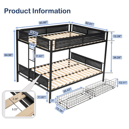 DNYN Queen Over Queen Metal Bunk Bed with Storage Drawers - Modern Space-Saving Design in Black - WoodArtSupply