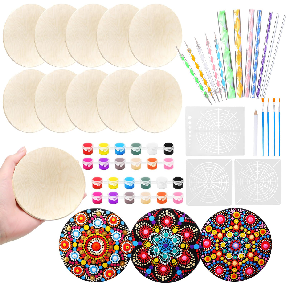 Potchen 10 Pcs Mandala Rock Painting Kit Mandala Dotting Tools Kit Wooden Rocks Dot Paint Stencils Tool Set for Adults Arts Drawing Home Decor Activity DIY Mothers Day Gift Potchen