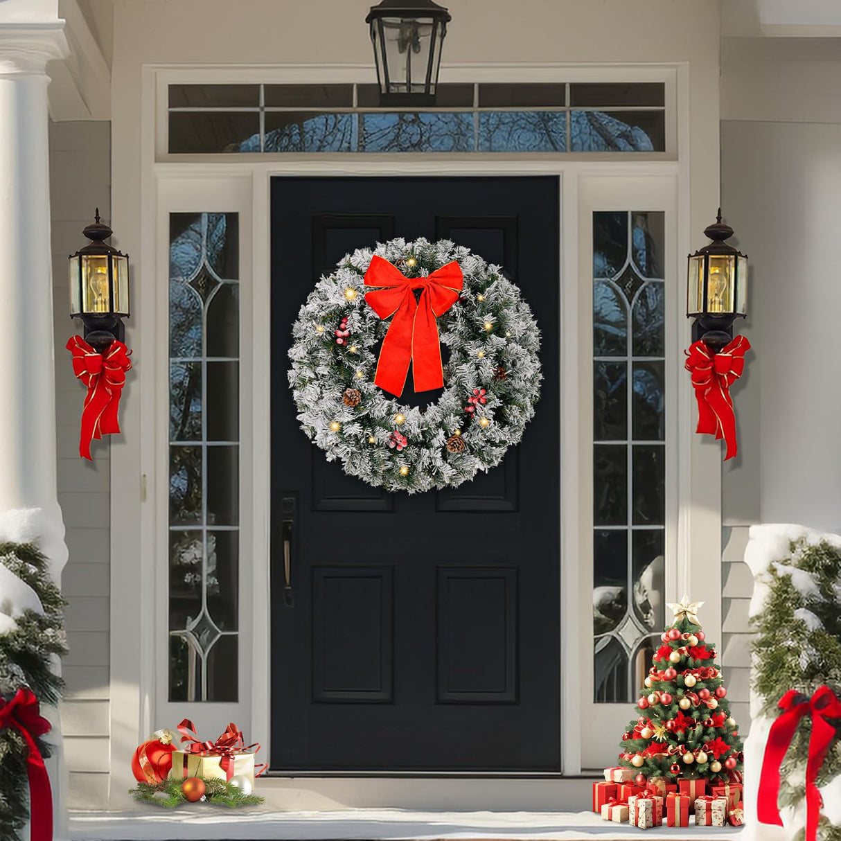 VINGLI 36 Inch Prelit Christmas Wreath, Artificial Christmas Wreath for Front Door, Window, Fireplaces, Indoor Decorate, with 100 LED Lights, 300 Forested Branches (Plug-in) VINGLI