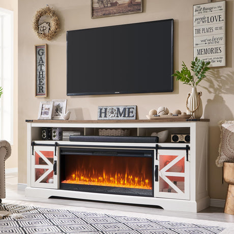 OKD Fireplace TV Stand for 85" TV, 33" Tall Highboy Farmhouse Entertainment Center w/ 42'' Electric Fireplace & LED Light, Rustic Media Console w/Sliding Barn Door for Living Room, Antique White OKD