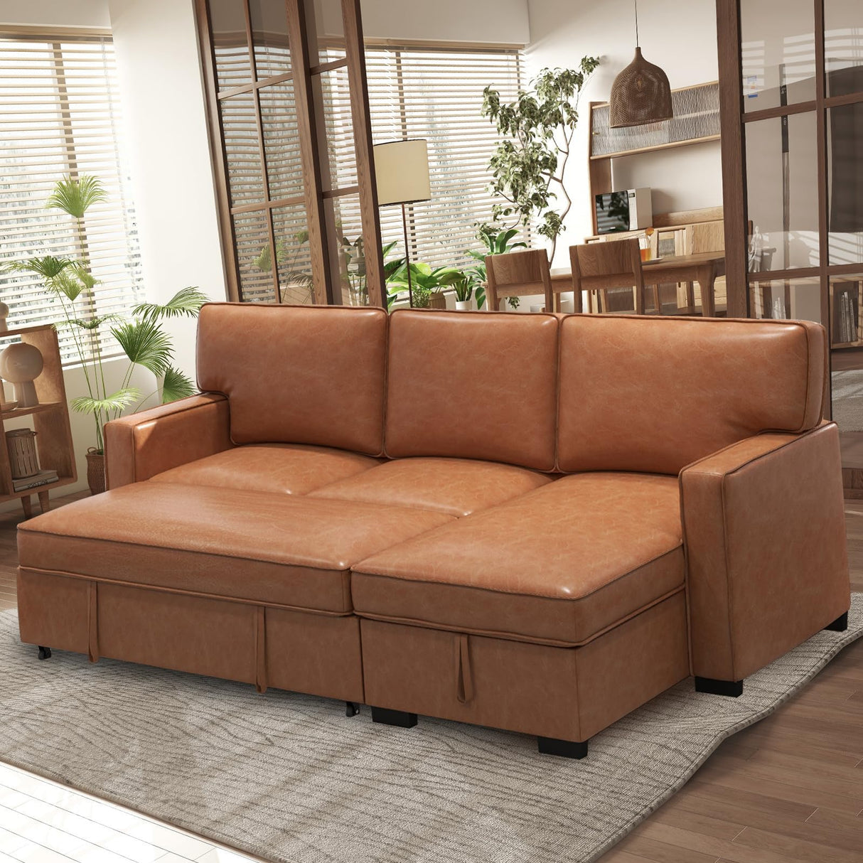 EBELLO Convertible Sleeper Sofa 3 in 1, Faux Leather Modern L-Shaped Couches for Living Room, Pull Out Sectional Futon Sofa Bed with Storage Space, USB Ports and Cup Holders for Bedroom, Brown EBELLO