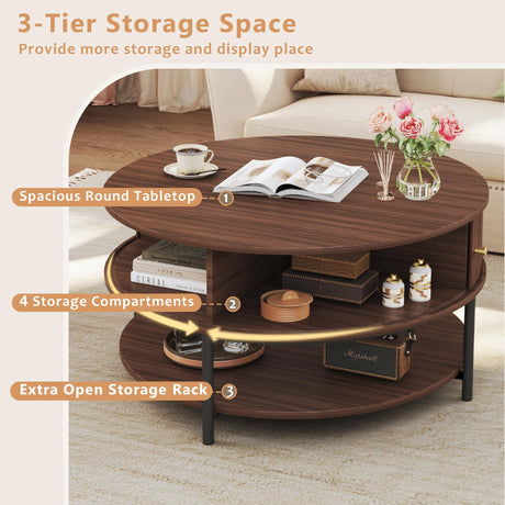 HUAHUU 31.5" Round Coffee Table with Storage, Mid Century Modern Coffee Table with Sliding Cabinet Door, Round Metal Legs, 3-Tier Small Round Coffee Tables for Living Room, Walnut HUAHUU