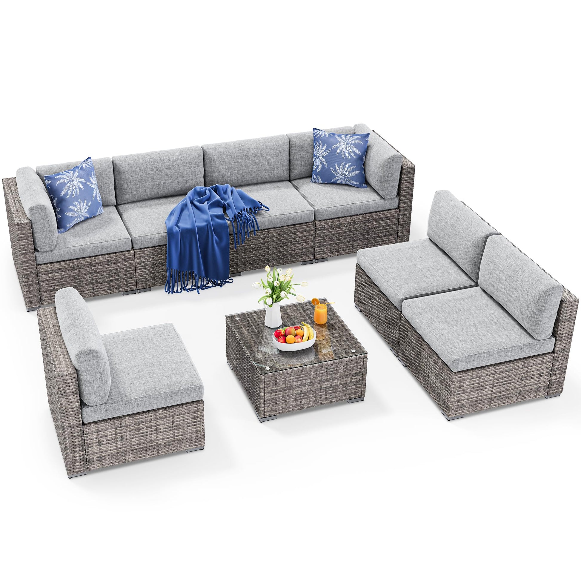 YITAHOME 8 Pieces Outdoor Patio Furniture Set, Sectional Sofa PE Rattan Wicker Conversation Set Outside Couch w/Table and Cushions for Porch Lawn Garden Backyard,Gray - WoodArtSupply