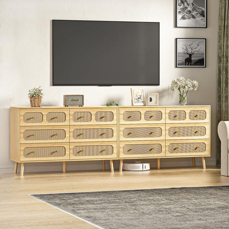 HOUROM Rattan Dresser for Bedroom, Modern 6-Drawer Double Dresser with Gold Handles, Wood Storage Chest of Drawers for Bedroom HOUROM