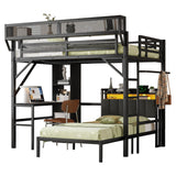 Mirightone Full Over Twin Bunk Bed with Desk & Charging Station, Full Size Loft Bed with Shelf Over Twin Bed w/LED Light & Upholstered Headboard, Detachable Metal Bunk Frame w/Storage Bookcase, Black Mirightone