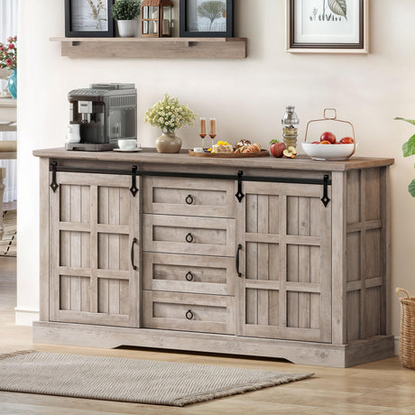 DWVO Farmhouse Sideboard Buffet Cabinet with Storage, Large Kitchen Cabinet w/Sliding Barn Doors and 4 Drawers, for Dining Room, Wash Grey DWVO