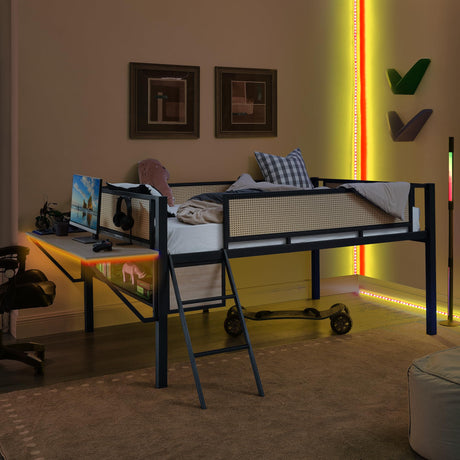 Bellemave Full Loft Bed with Desk, Gaming mid loft Bed with Desk, LED, Low loft beds for Adults, Teens, Kids, Black+Natural Bellemave