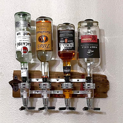 HAPYFMSHI Wall-Mounted House Liquor Dispenser | Alcohol Station Cocktail Tap, Push-Release Valves, Home Bar, Man Cave | Easy Assemble - Wooden Board NOT Included (4 Bottle) - WoodArtSupply