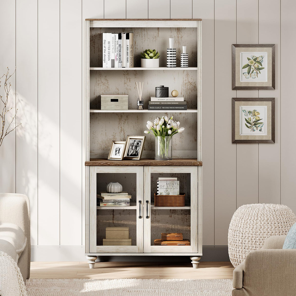 WAMPAT 5 Tier Bookshelf 72" Tall Bookcase with Glass Doors,Large Farmhouse Display Book Shelf with Adjustable Shelves and Storage Cabinet,Library Wood Bookshelves for Living Room,Kitchen, Rustic White WAMPAT