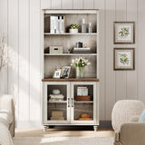 WAMPAT 5 Tier Bookshelf 72" Tall Bookcase with Glass Doors,Large Farmhouse Display Book Shelf with Adjustable Shelves and Storage Cabinet,Library Wood Bookshelves for Living Room,Kitchen, Rustic White WAMPAT