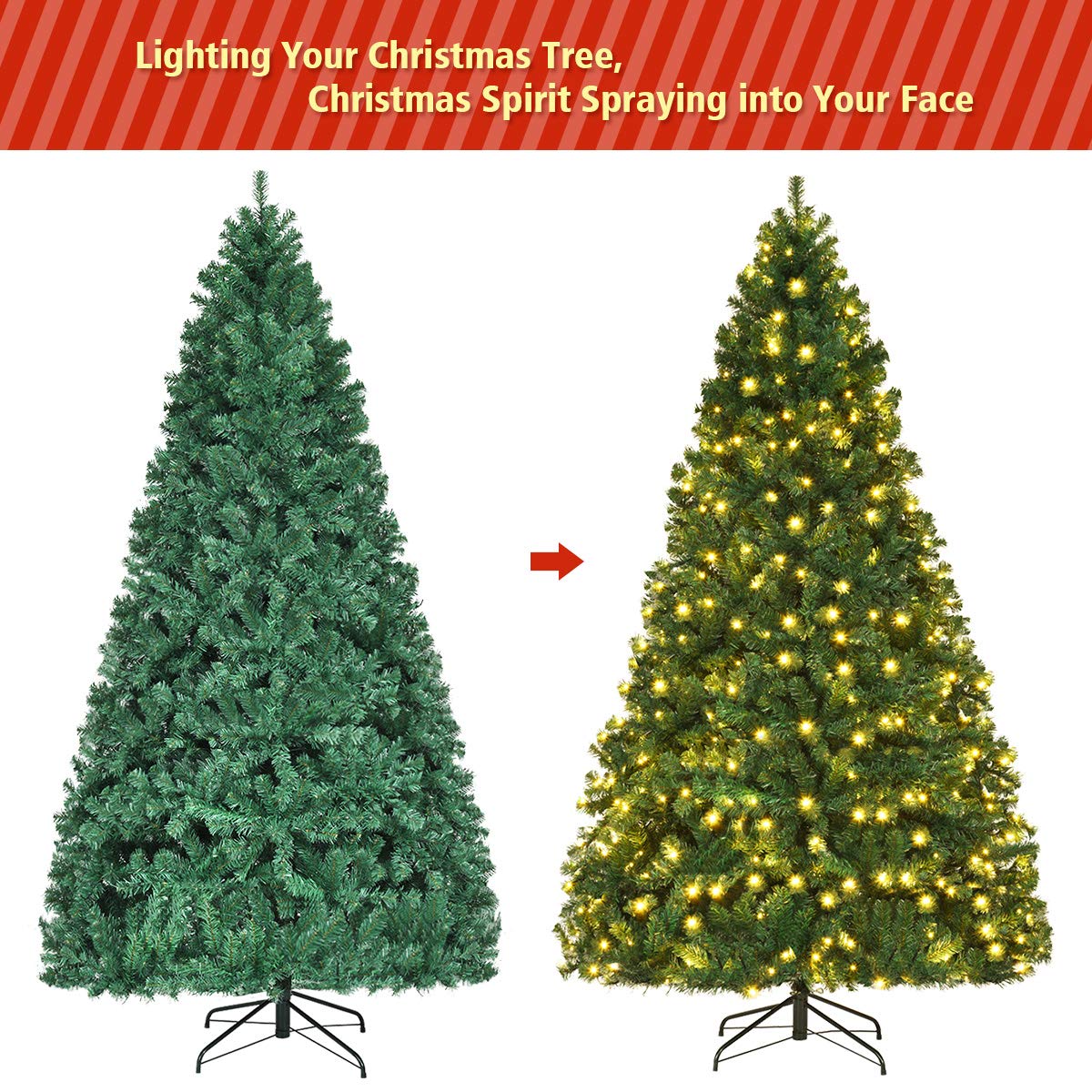 Goplus 8ft Pre-lit Artificial Christmas Tree, Hinged Premium Spruce Xmas Full Tree with 1438 PVC Tips, 430 LED Lights, Folding Metal Stand, for Home Office Party Decoration