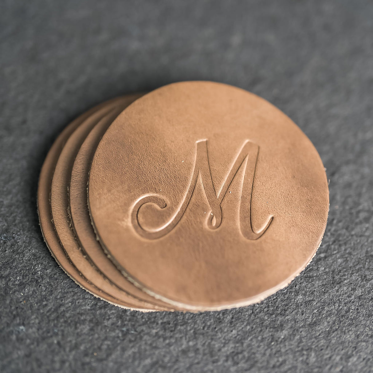 Ox & Pine Personalized Leather Coaster 4 pk - Customize Inscription- 100% Full-Grain Leather – 4" Round or 4" Square – (Stone Natural, Square) Ox & Pine