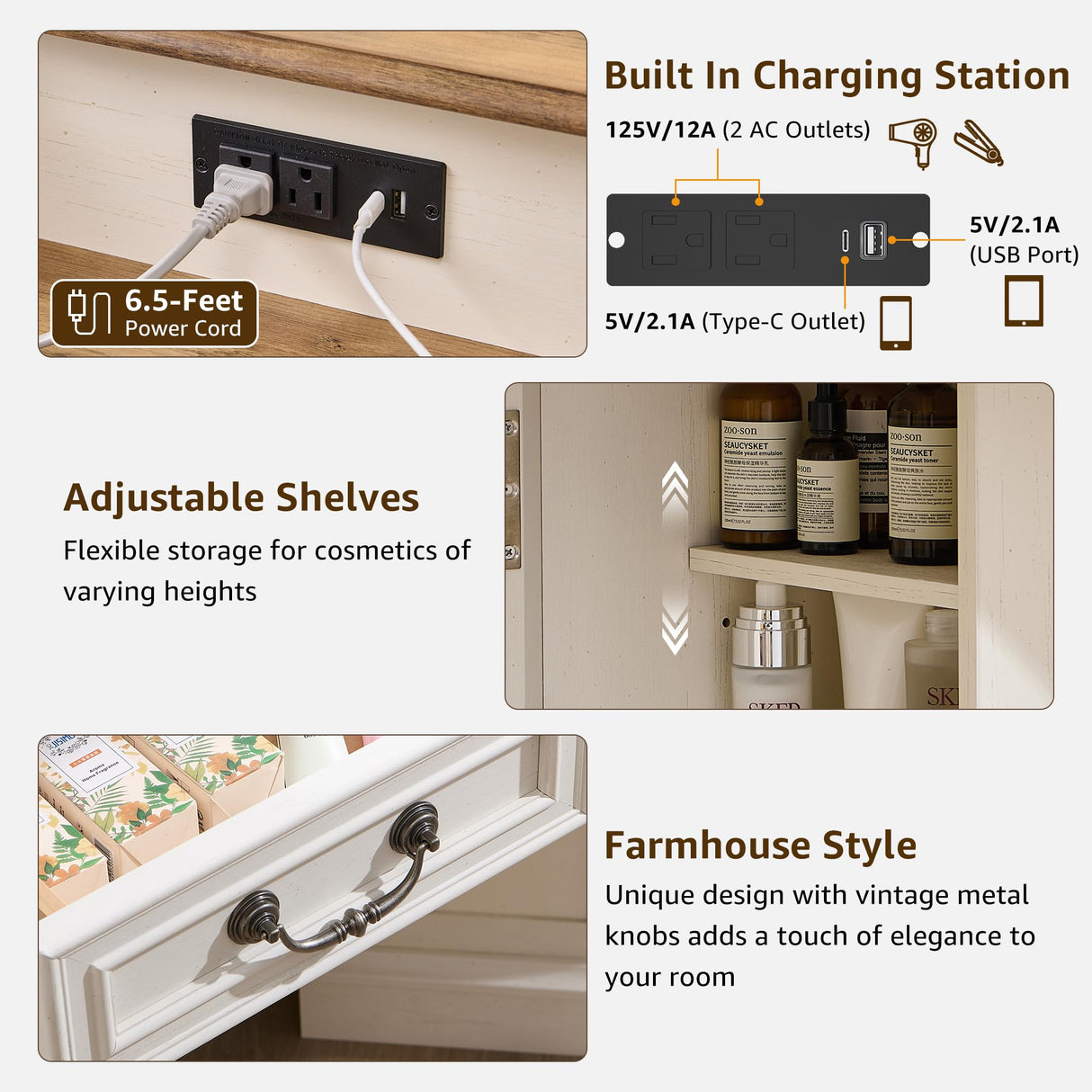 T4TREAM Makeup Vanity Desk 48" with 3 Way Mirror and Lights, Large Farmhouse Corner Vanity Dressing Table with Glass Top & Charging Station, 3 Drawers & 2 Storage Cabinets for Bedroom, Antique White T4TREAM