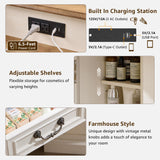 T4TREAM Makeup Vanity Desk 48" with 3 Way Mirror and Lights, Large Farmhouse Corner Vanity Dressing Table with Glass Top & Charging Station, 3 Drawers & 2 Storage Cabinets for Bedroom, Antique White T4TREAM