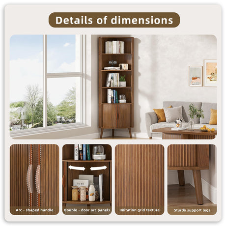 Limaoaio 5-Tier Corner Shelf, 66.73''Tall Modern Corner Bookshelf, 5 Shelf Bookcase with 2 Fluted Doors, Freestanding Wood Corner Display Storage Shelf Organizer for Living Room, Office (Walnut) Limaoaio