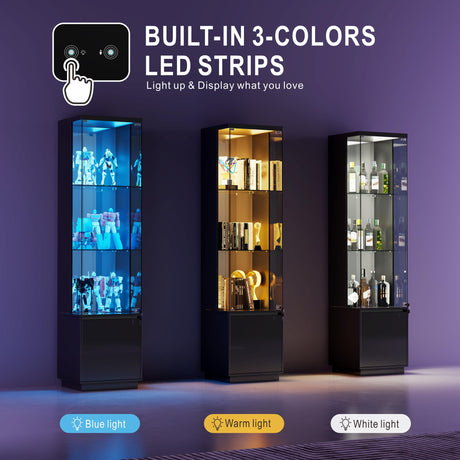 Lvifur Lockable Curio Display Cabinet with Glass Door,65" Lighted Curio Cabinet with 3 Color Lights for Collectibles,3-Tier Glass Display Case with Human Body Sensor for Living Room,Black Lvifur