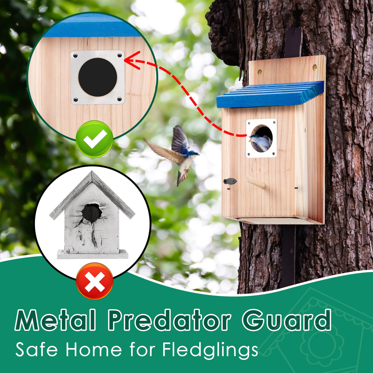Dreyoo 2 Pack Cedar Bluebird Box Houses for Outside, 1-1/2'' Entrance Hole Wooden Bird Houses with Metal Guard, Secure Latch, Fledgling Grooves, Air Vents for Bluebird Wren Swallow Dreyoo