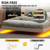 LIKIMIO Floating Bed Frame King Size with Wide Padded Headboard & LED Lights & Charging Station, Modern King Upholstered Platform, No Box Spring Needed, Beige LIKIMIO