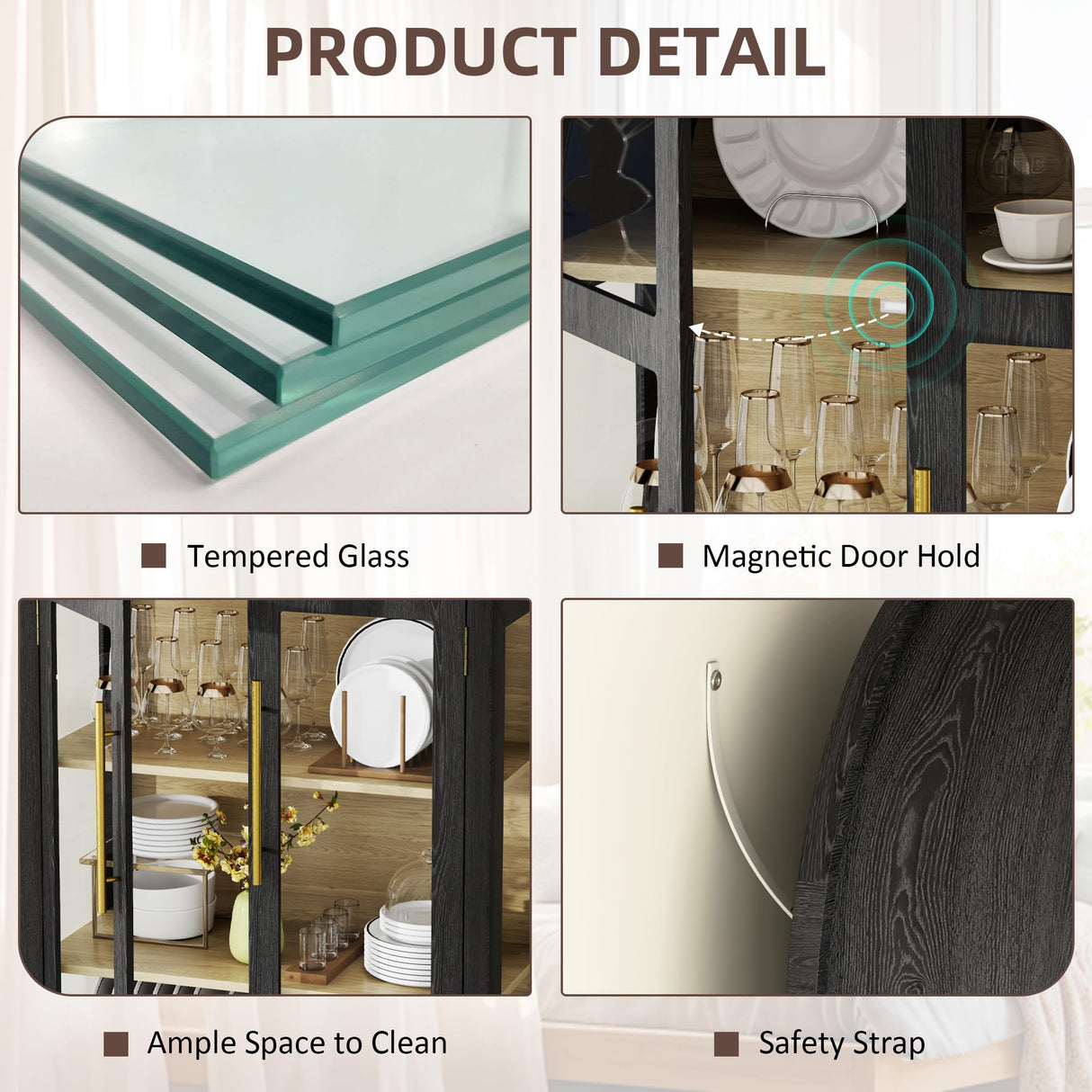 Vlsrka 71" Arched Curio Cabinet with Glass Doors, 4-Shelves Display Cabinet and 2 Drawers, Display Case with 3 Color Lights, Tall Bookcase, Kitchen Pantry, Black+Wood Vlsrka