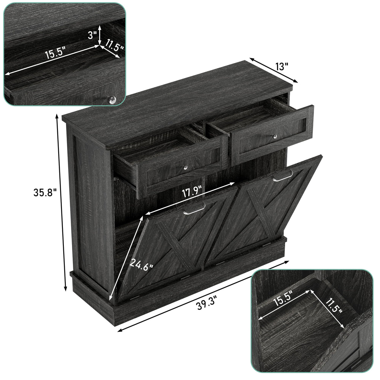 TOLEAD Double Tilt Out Trash Cabinet Free Standing 10 Gallon Wooden Dual Trash Can Cabinet with Barn Door for Farmhouse Kitchen,Living Room, Dining Room, Oak Grey TOLEAD