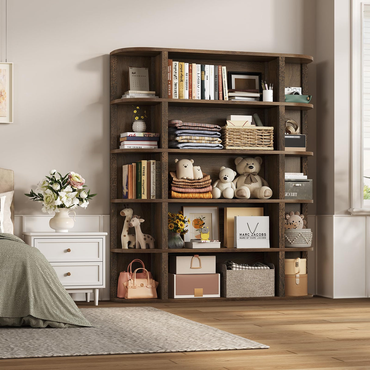TVU 5-Tier Wood Book Shelf, 47" Wide Large Bookshelf and Bookcase, 62" Tall Bookshelf with Curved Side Shelves, Freestanding Wood Display Book Shelves for Living Room, Home Office, Walnut TVU