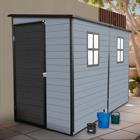 LANTRO JS 4x8FT Plastic Storage Shed with Floor, Outdoor Storage Shed with Floor Included, with 2 Windows and Lockable Door, Backyard Storage Sheds for Garden Tools, Bike, Gray and Black LANTRO JS
