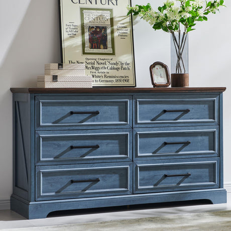 ACCOHOHO Farmhouse 6 Drawer Dresser for Bedroom, 52 Inch Wide Modern Dresser TV Stand with Large Drawers & Bar Handles, Rustic Wood Chest of Drawers for Bedroom, Living Room, Hallway, Blue ACCOHOHO