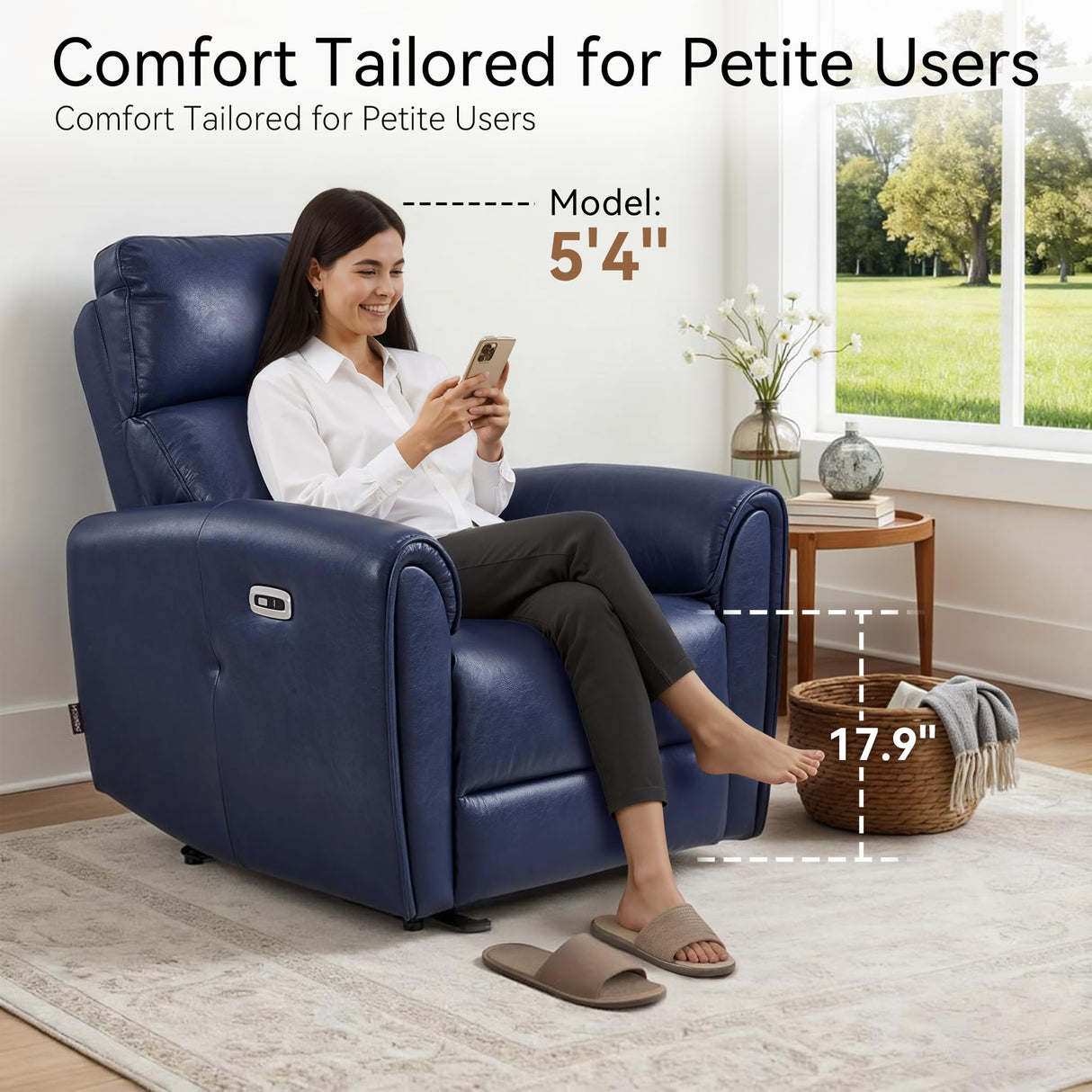 MCombo Power Small Recliners for Small Spaces, Modern Zero Wall Hugger Recliners Chair with Lumbar Support, USB and Charging Ports, FSC Certified, Faux Leather PR699 (Navy Blue) MCombo