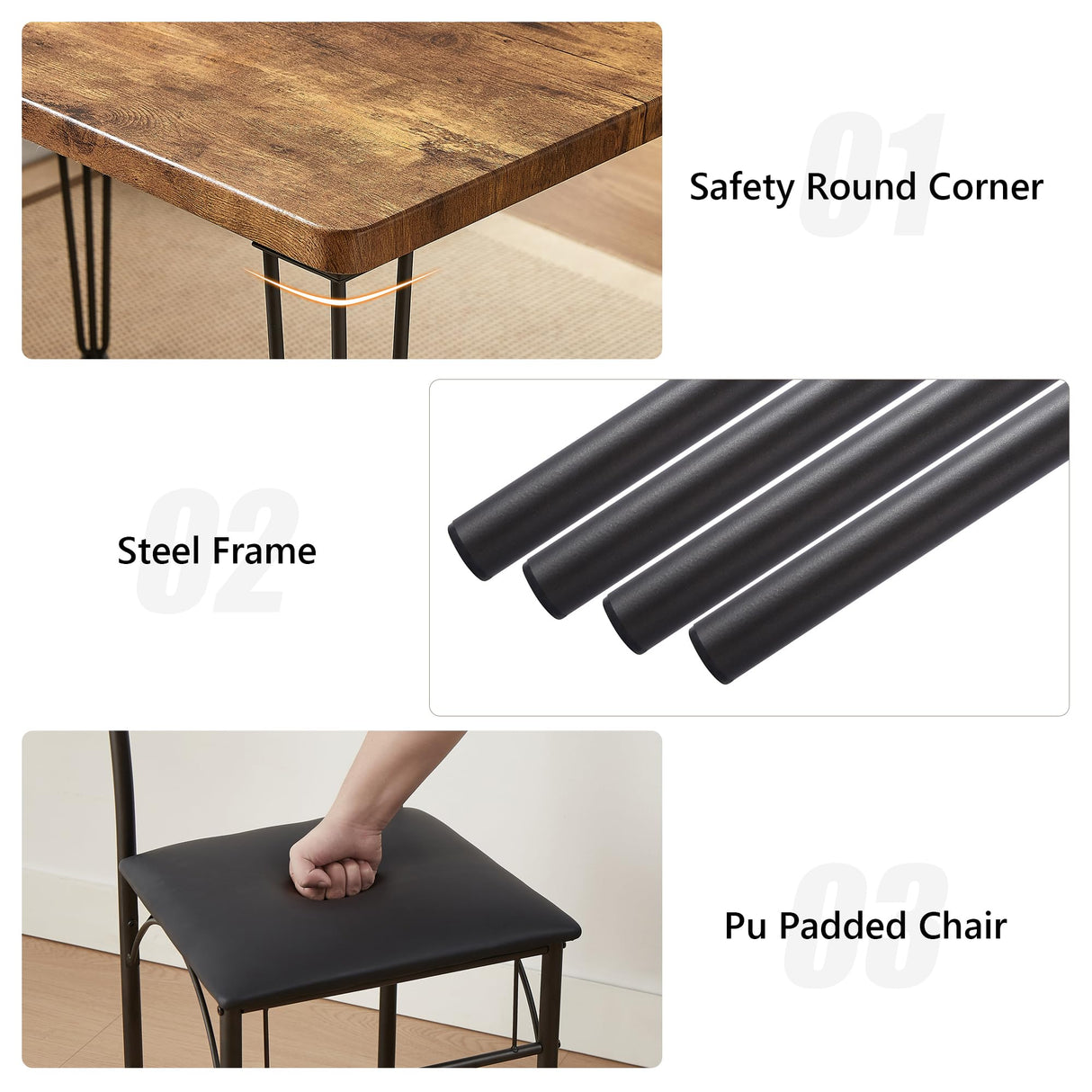 VECELO 5-Piece Dining Table Set for Home Kitchen Small Space Breakfast Nook, 4 Faux Leather Metal Frame Chairs, Retro Brown VECELO