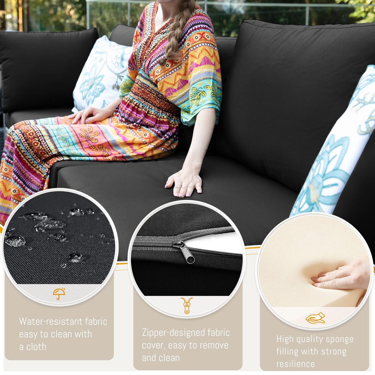 BULEXYARD 9 Piece Highback Patio Furniture Set with Fire Pit Table, Modern Modular Outdoor Sectional Couch Sofa with Ottoman, 8-Person Backyard Seating for Outside, Deck, Brown Wicker & Black Cushion BULEXYARD