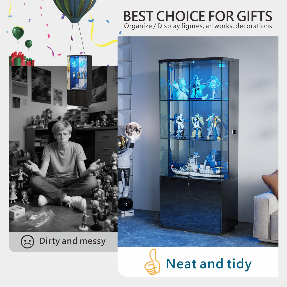 Lvifur 71” Glass Display Cabinet with Lights, Modern Curio Cabinet Display Cases for Collectibles, Locking Cabinet with Shelves & Drawers, Tall Bookcase with Human Body Sensor for Living Room (Black) Lvifur