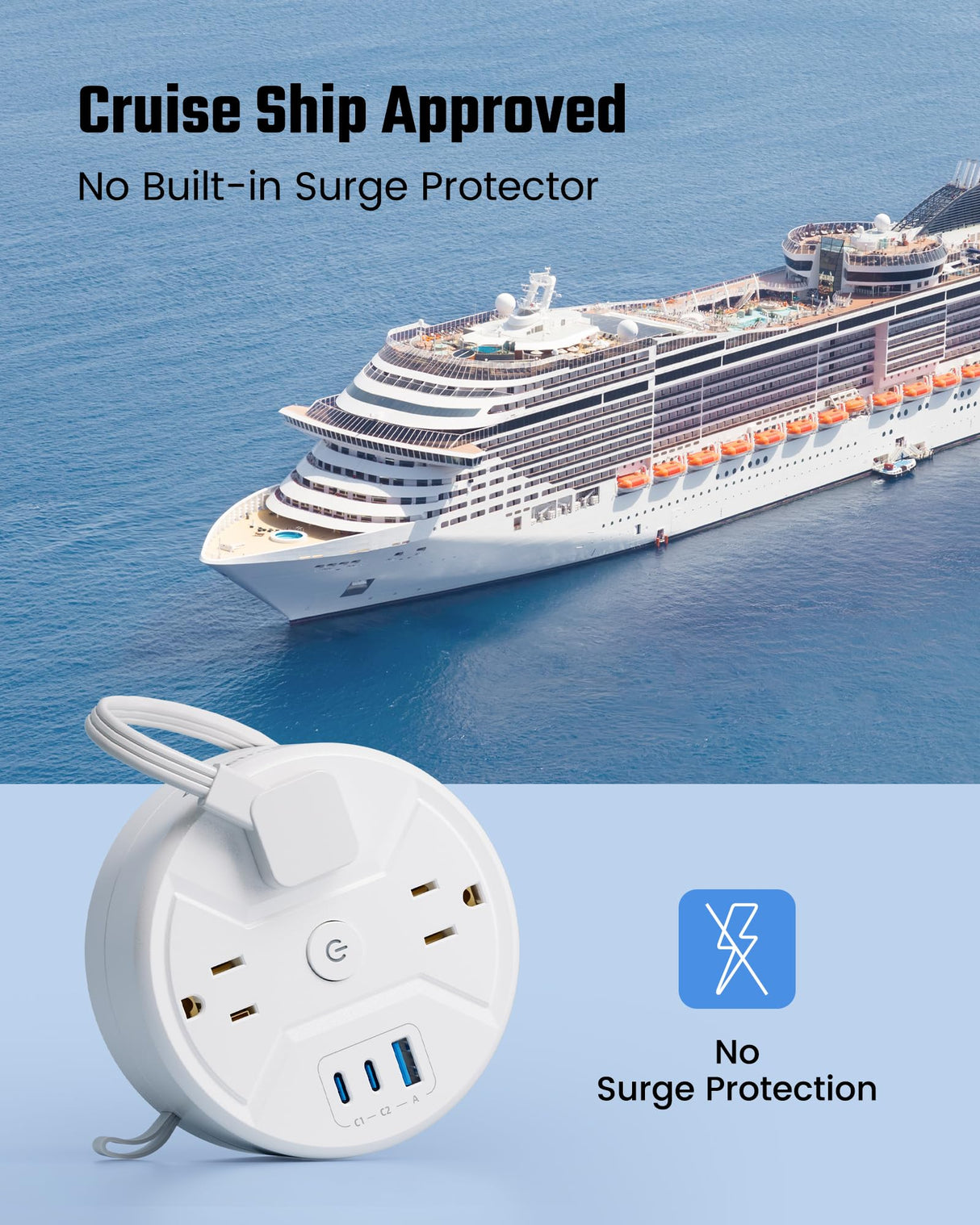 PD 20W C Travel Power Strip, SUPERDANNY 5ft Retractable Extension Cord Fast Charging Station, Portable 3-AC & 3-USB Flat Plug Extension Cord for Home Office, Business Travel, Trip, Cruise, White SUPERDANNY