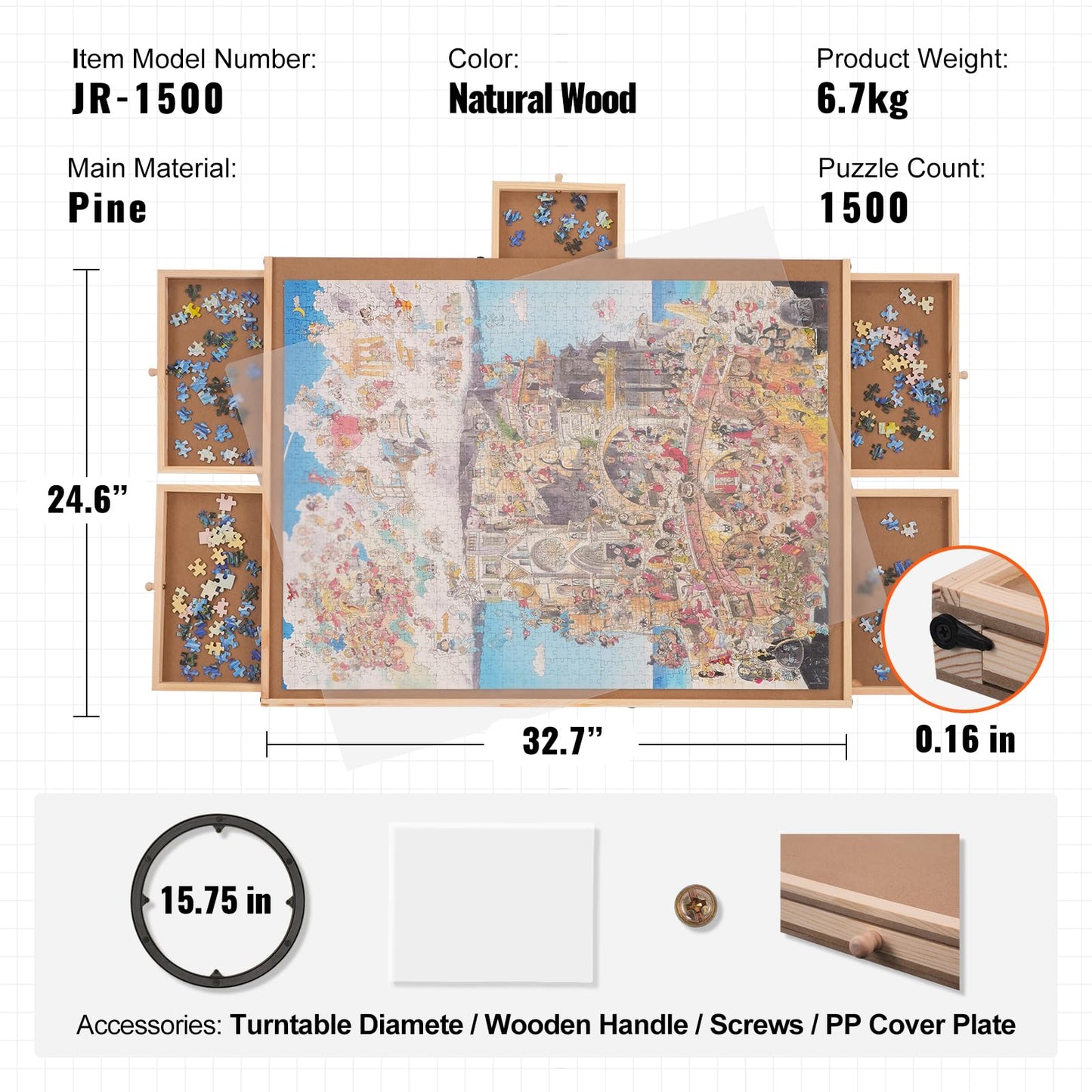 VEVOR 1500 Piece Puzzle Board with 6 Drawers and Cover, 32.7"x24.6" Rotating Wooden Jigsaw Puzzle Plateau, Portable Puzzle Accessories for Adult, Puzzle Organizer & Puzzle Storage System, Gift for Mom