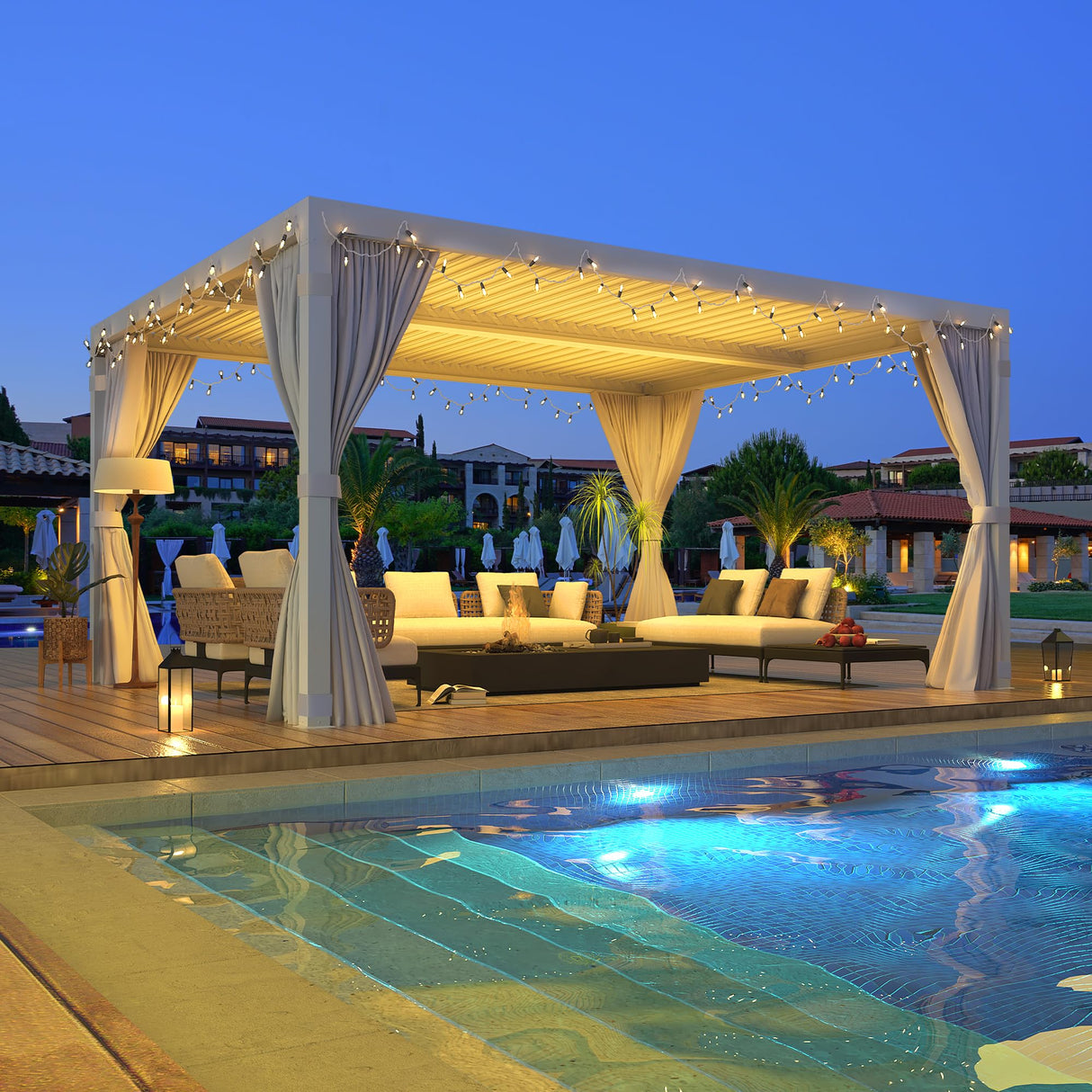 YOLENY Louvered Pergola 10x12, All Aluminum Pergola with Adjustable Rainproof Roof, Outdoor Pergola with Curtains and Nets for Patio & Garden, White YOLENY