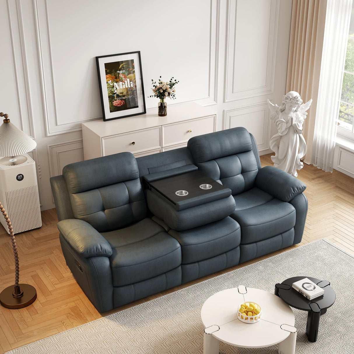 Familymill Genuine Leather Manual Reclining Sofa Couch with Drop Down Table, Stainless Steel Cupholders, and Magazine Bag for Living Room Home Theater Office Familymill